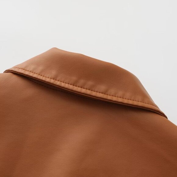 Women Brown Cropped Moto Biker Short Comfortable Pu Faux Leather Fashion Jacket - Picture 4 of 7